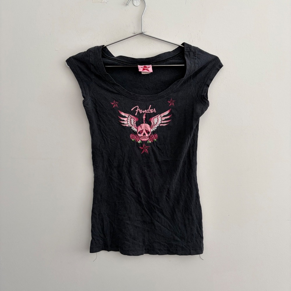 Fender The Collection by DaVinci Black Skull Wing Graphic Cap Sleeve Tee Medium